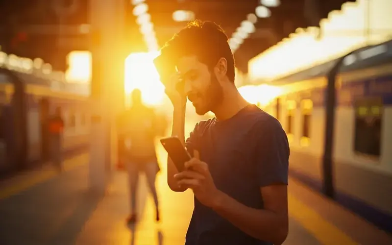 A commuter at a metro platform reviewing a fantasy cricket selection on an Android phone