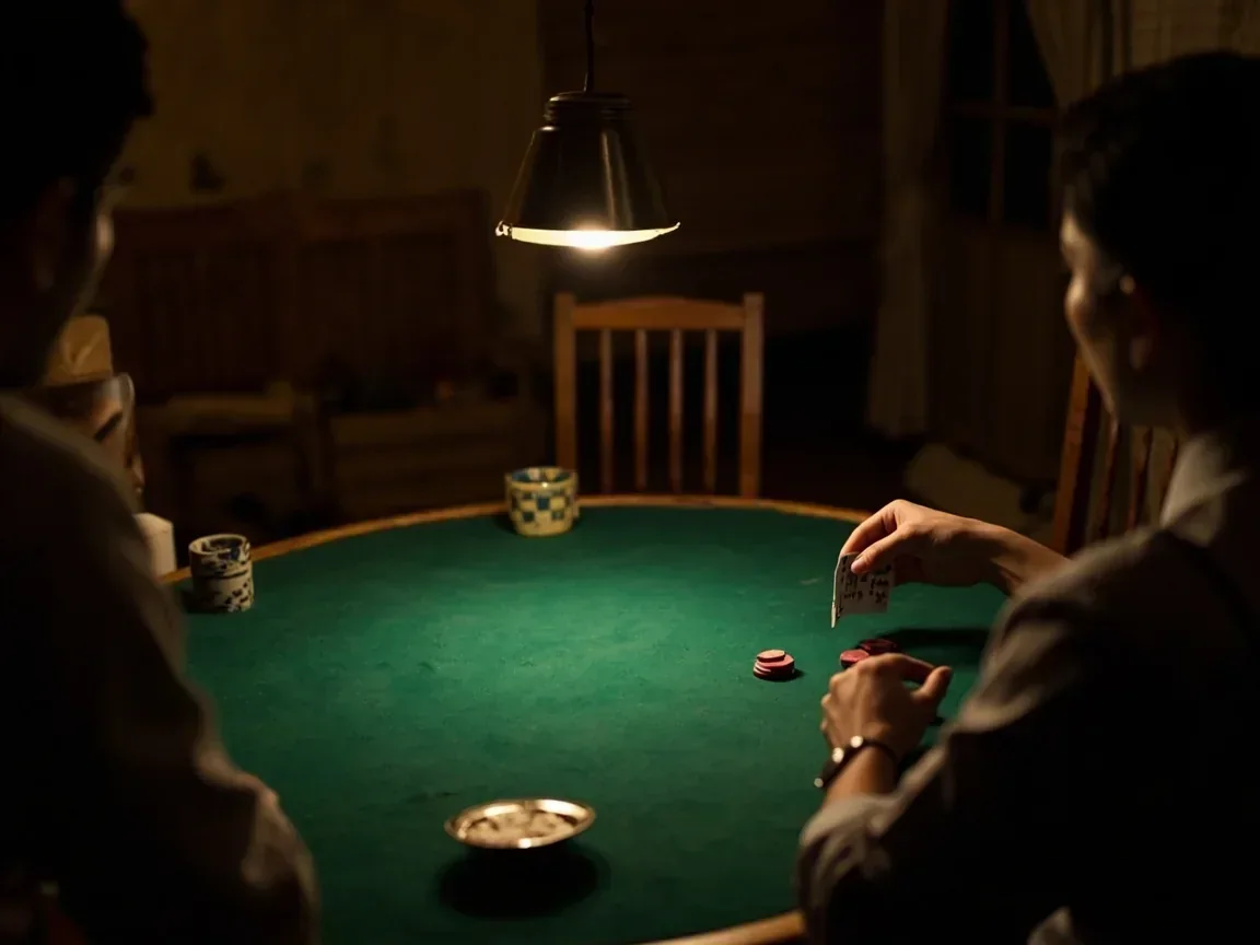 Three hands gathered around a green felt card table mid-deal at night with a ceramic chai cup at the corner, the visual for the Yono Arcade reference profile