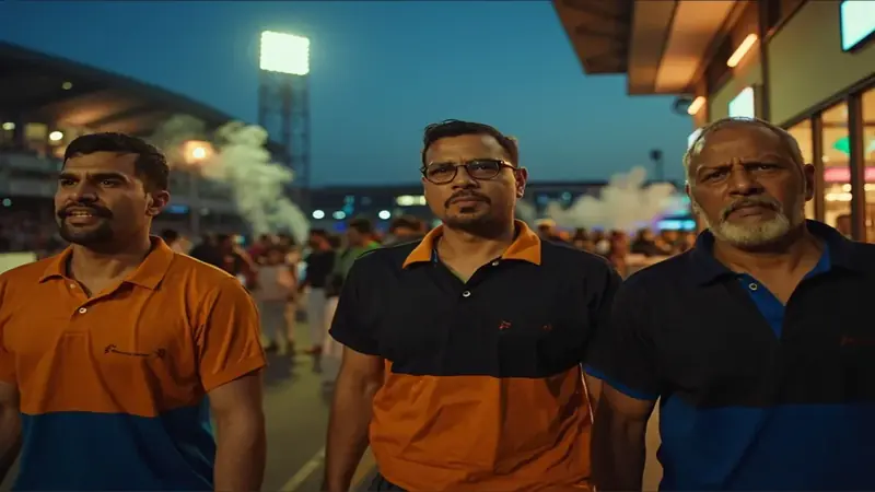 Three supporters approaching a cricket stadium concourse at dusk
