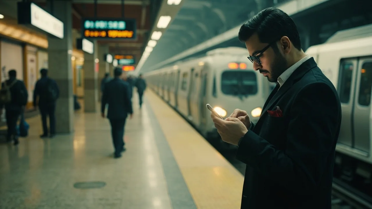 A commuter at a metro platform reviewing a fantasy cricket selection on an Android phone, visual for the welcome bonus code page