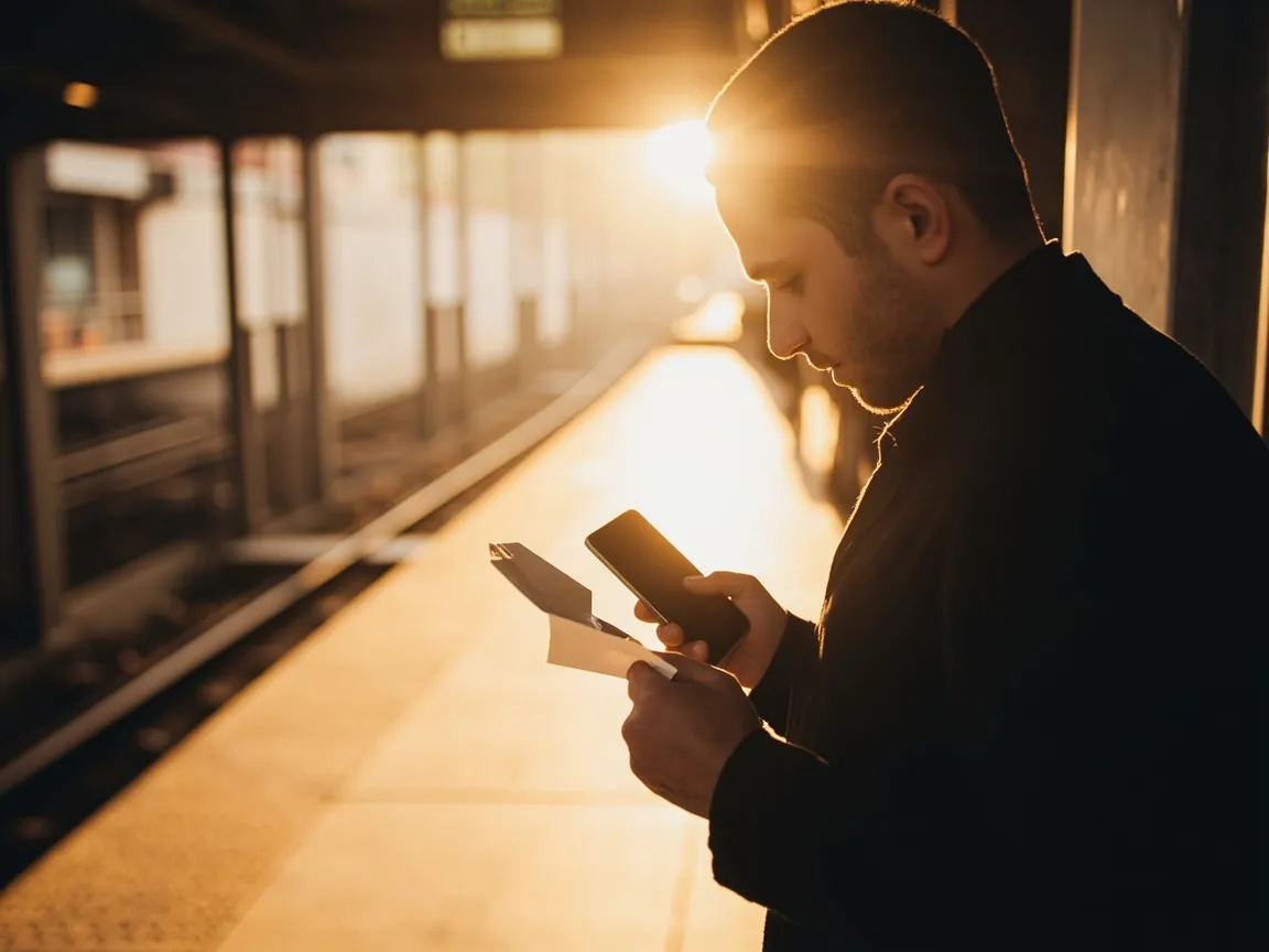 A commuter at a metro platform reviewing a bonus-code card on a phone, the visual for the Come bonus code hub