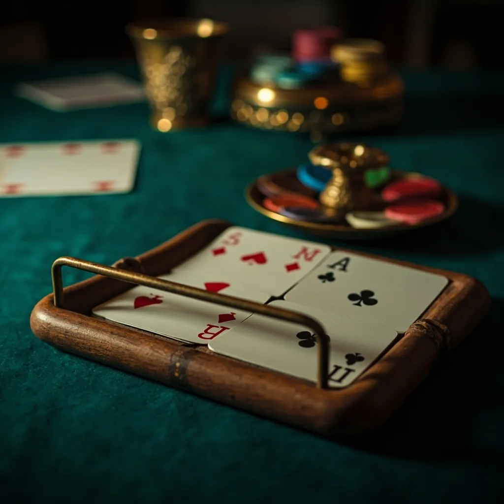 An indoor rummy card surface mid-deal with a wooden tile rack and a brass token tray, the visual for the Yono Rummy reference profile